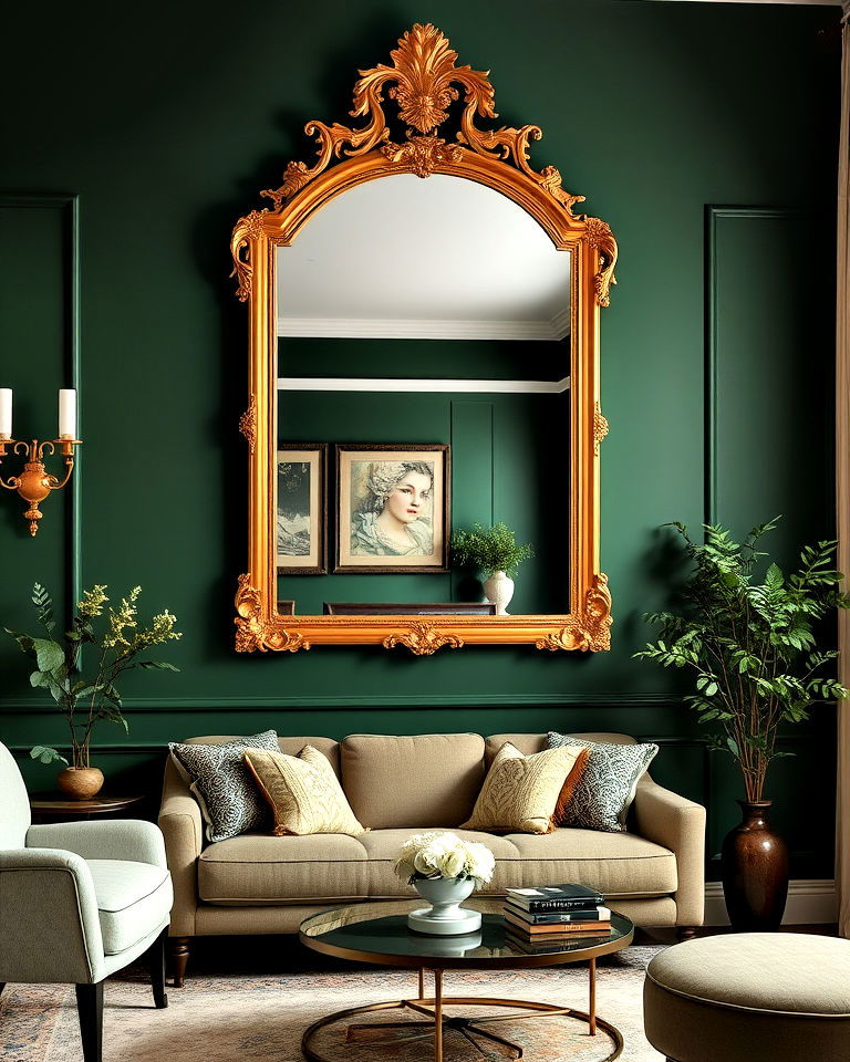 antique gold frames against dark green walls