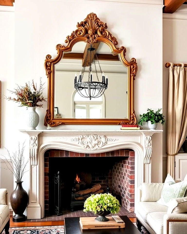 antique mirror above the fireplace