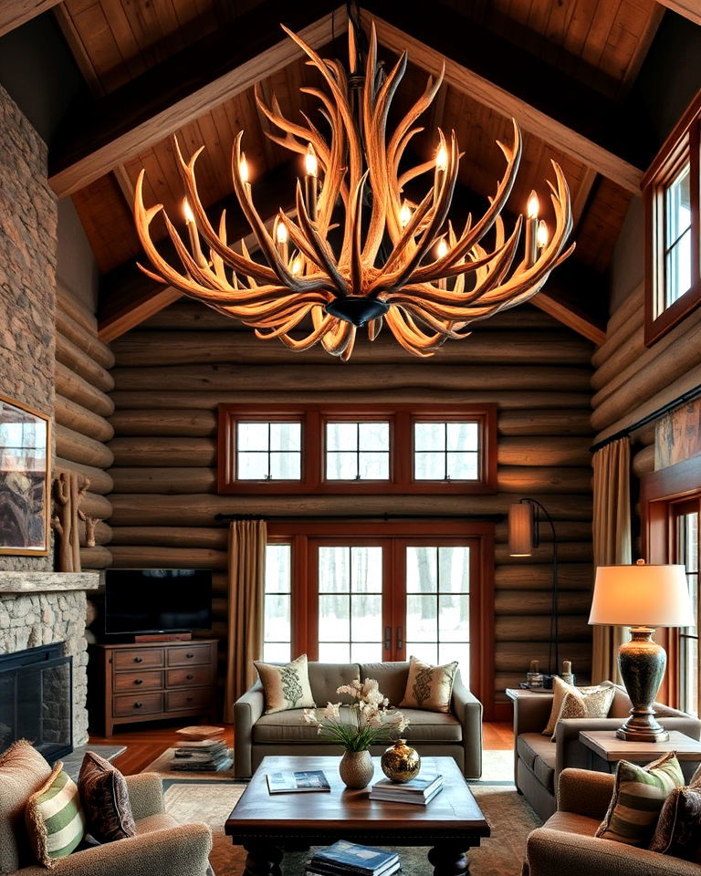 antler inspired lighting for cabin living room