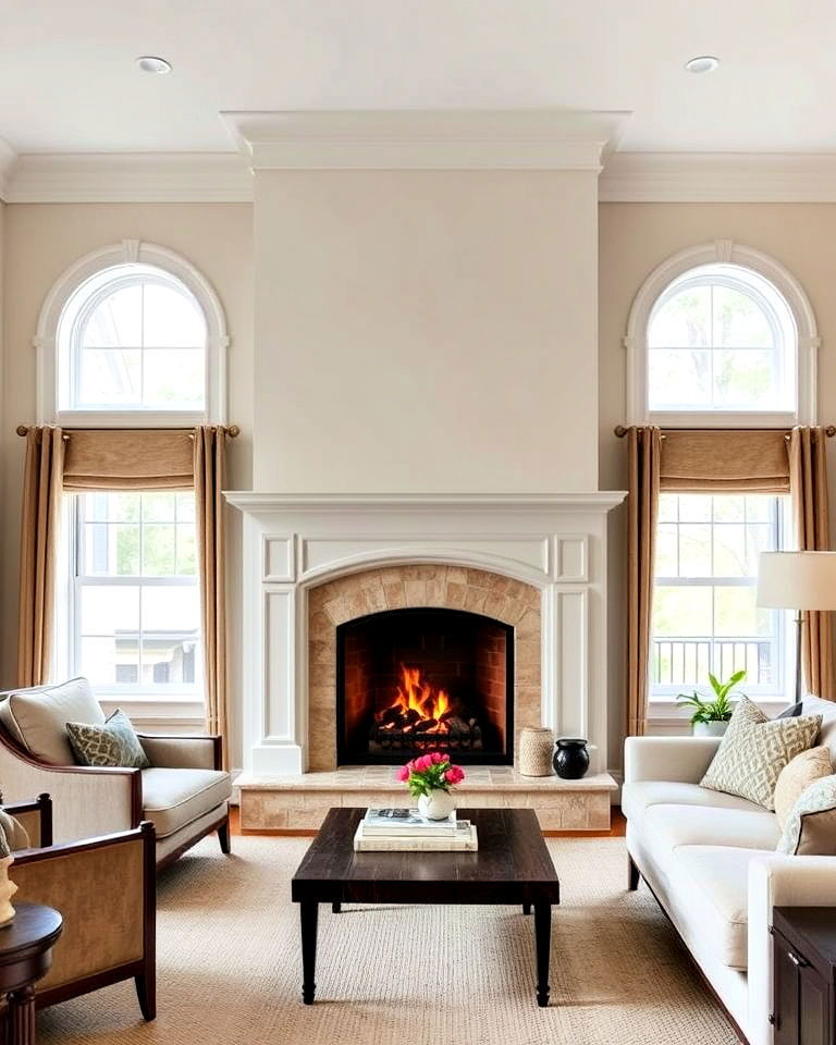 arched fireplace design between windows