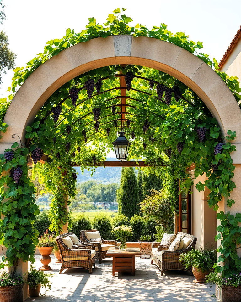 arched pergola with grape vines