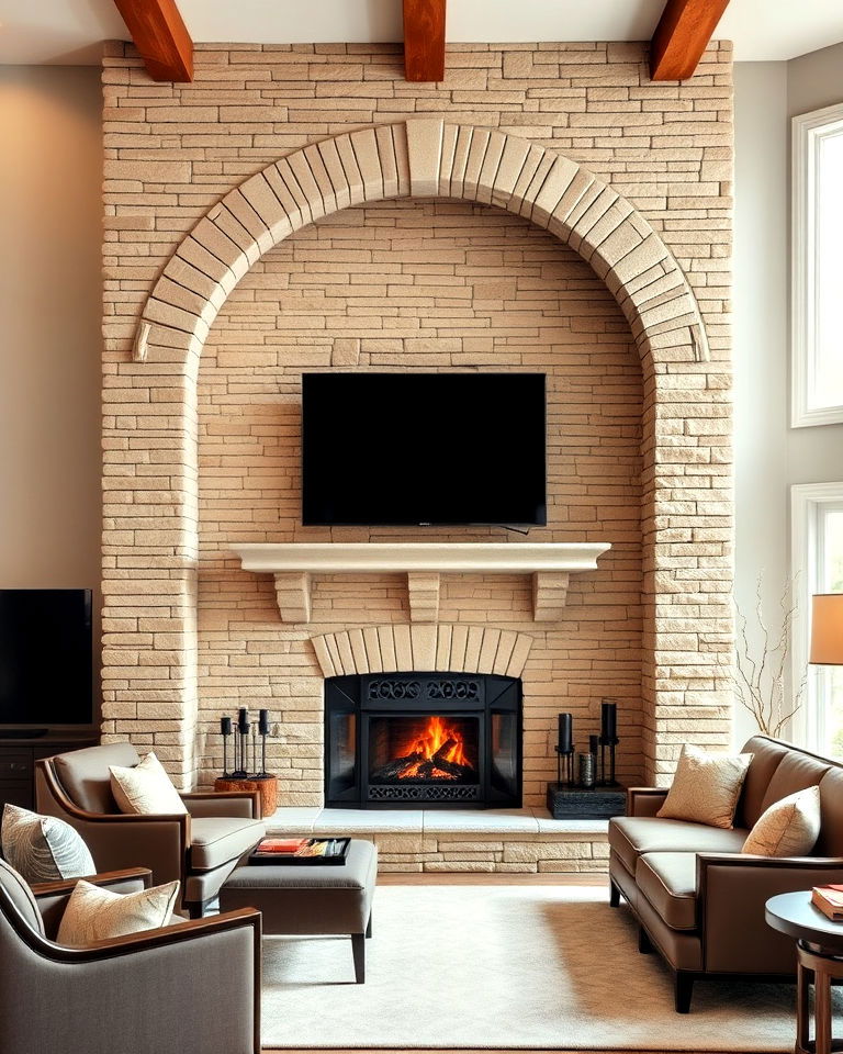 arched stacked stone fireplace