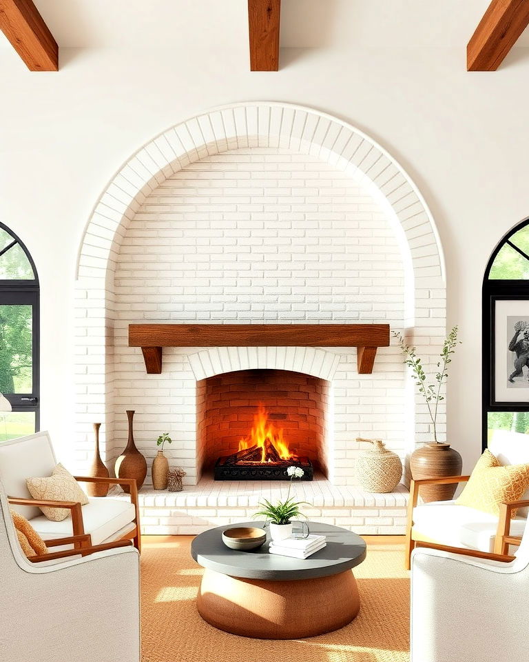 arched white brick fireplace