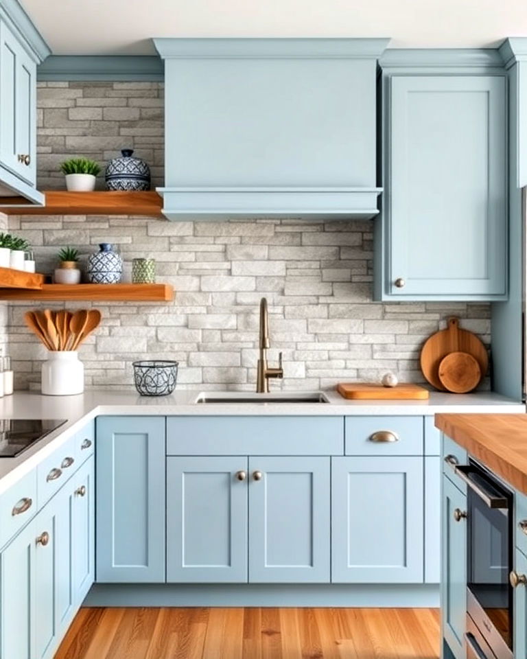 arctic blue cabinets with stone backsplash