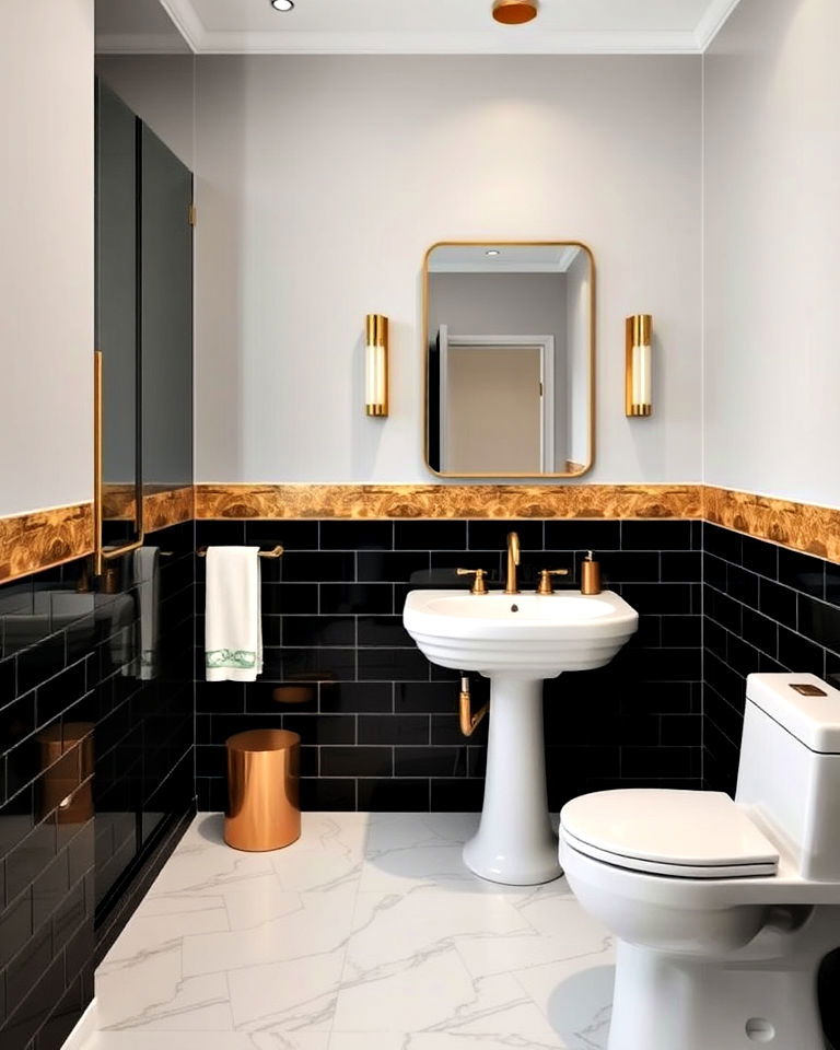 art deco glam bathroom with black and gold half wall tiles