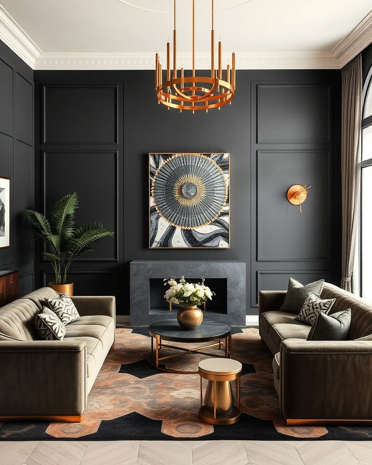 art deco glamour living room with dark grey and metallics