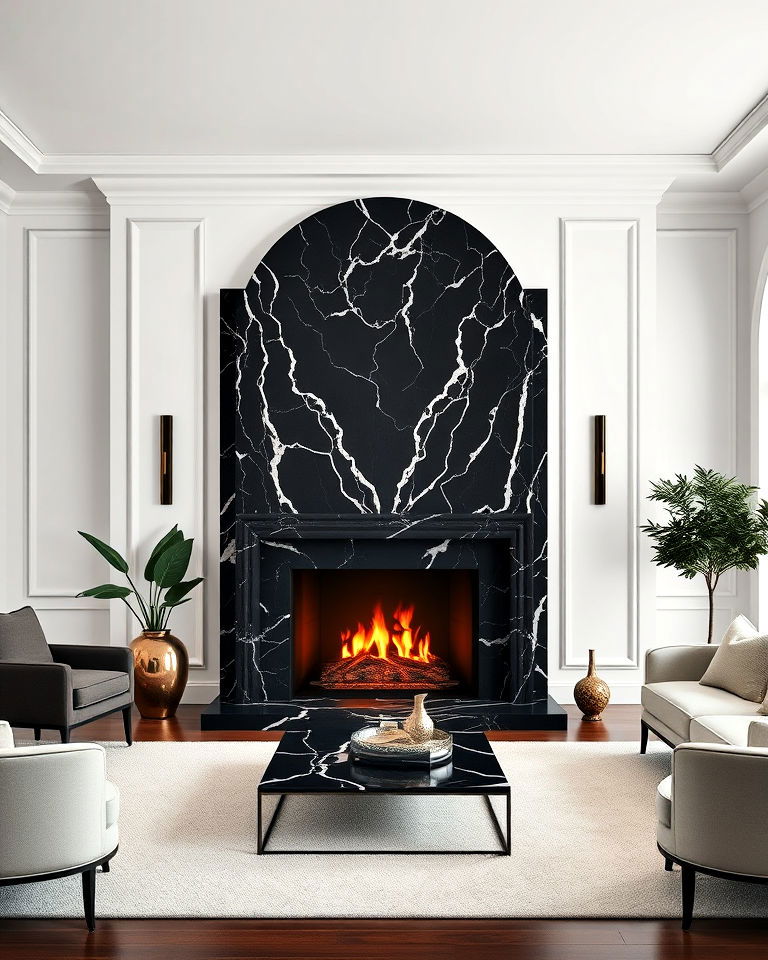 art deco inspired black marble fireplace with white veining