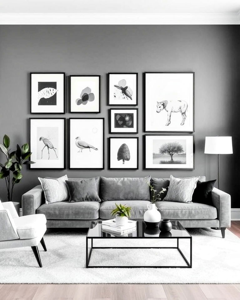 art gallery wall for a grey and white living room