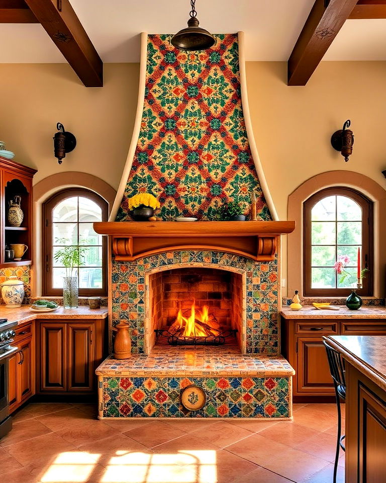 artistic mosaic tiled fireplace in a spanish style kitchen