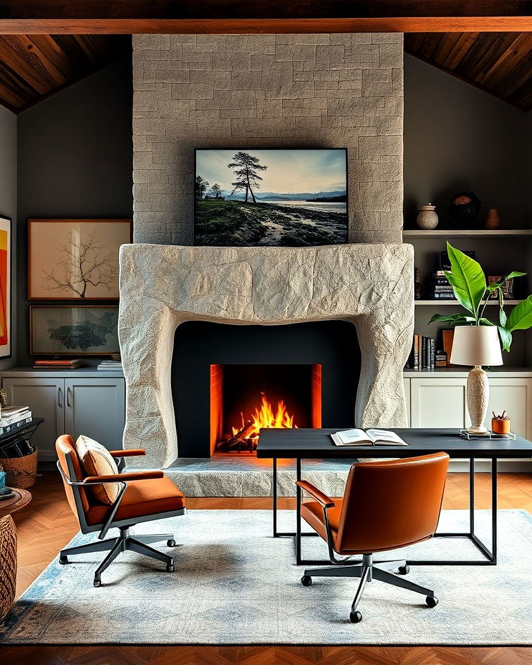 artistic office with sculptural fireplace