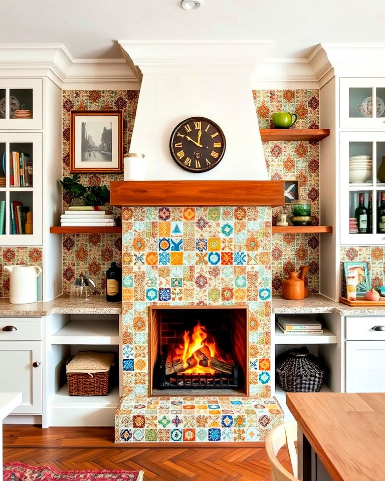 artistic tiled fireplace in an eclectic kitchen