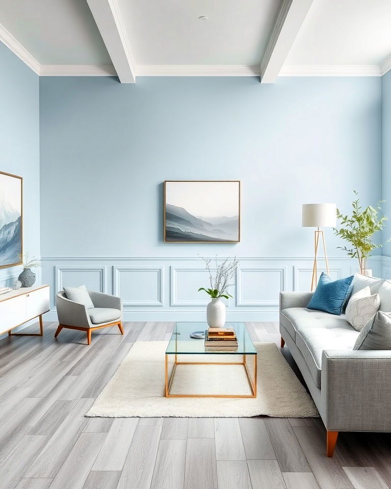 ash grey living room floor with ice blue walls