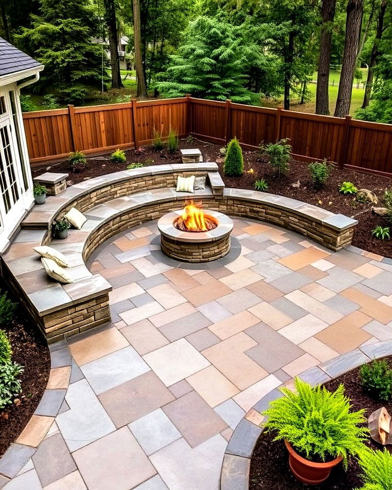 ashlar slate stamped patio with built in seating and fire pit