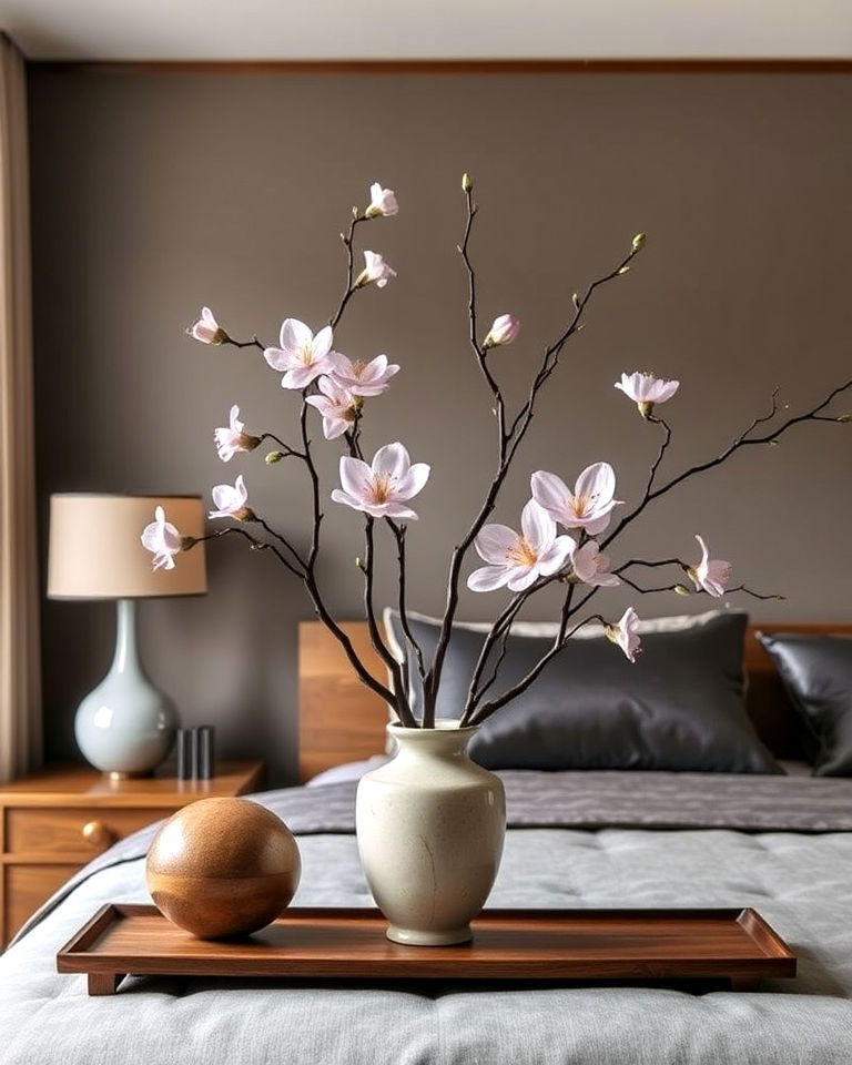 asian bedroom with ikebana floral arrangement