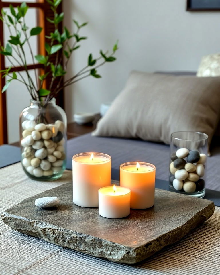 asian bedroom with stone and pebble accents