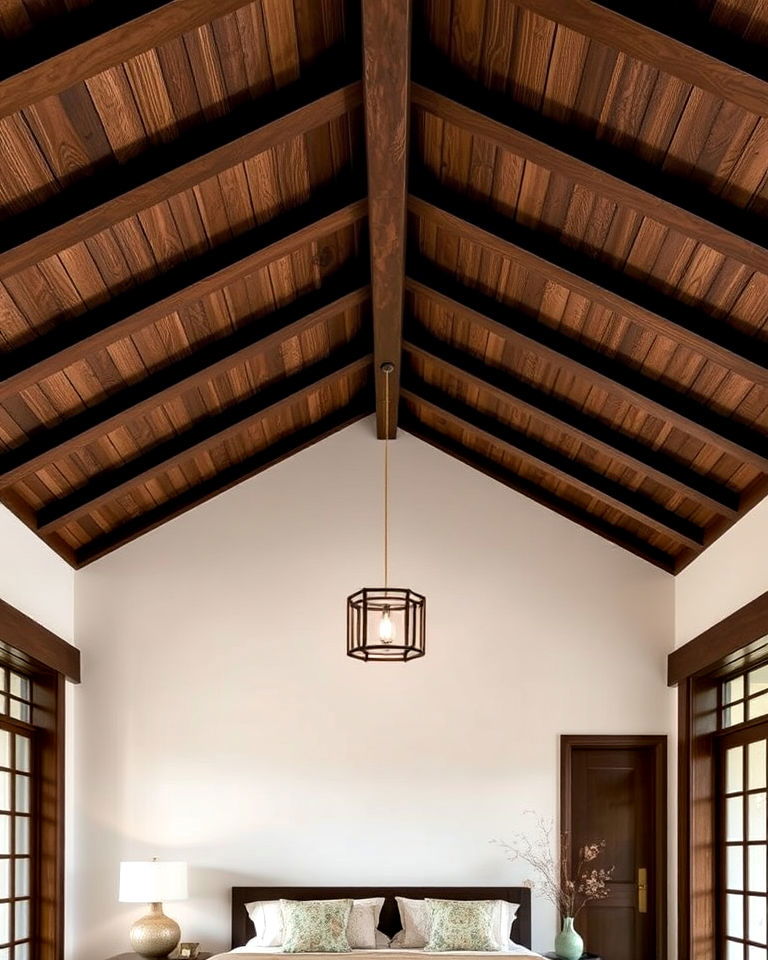 asian inspired bedroom with wooden ceiling beams