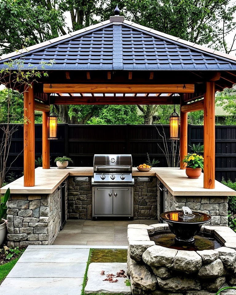 asian inspired gazebo with outdoor grill and water feature
