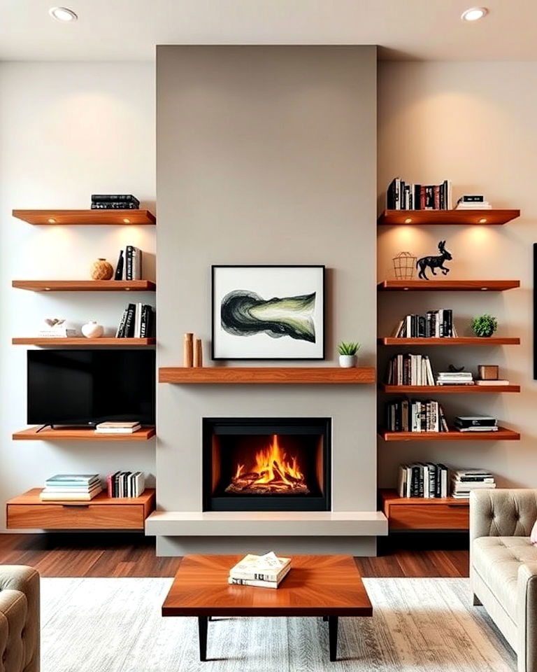 asymmetrical floating shelves for fireplace