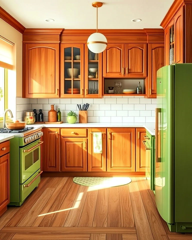 avocado green appliances with wooden cabinetry for kitchen