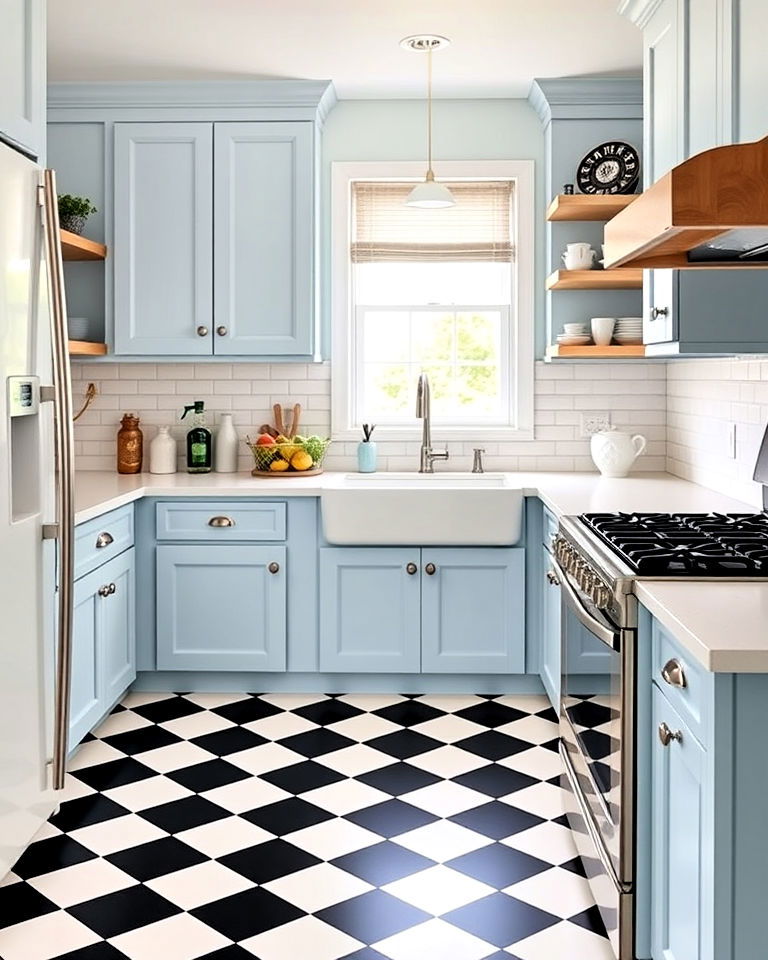 baby blue cabinets with checkerboard flooring