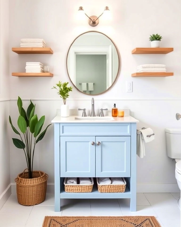 baby blue vanity with floating shelves