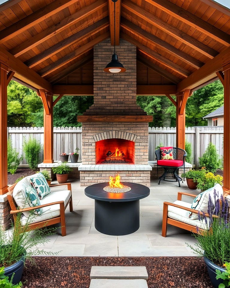 backyard fireplace pavilion with herb garden