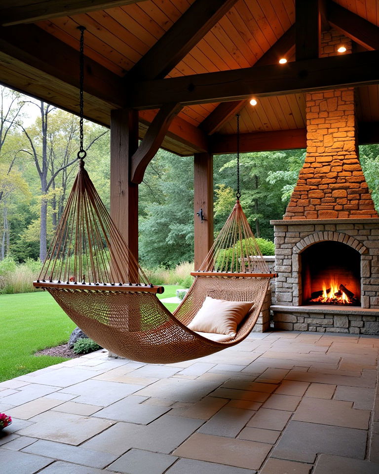 backyard pavilion with fireplace and hammock