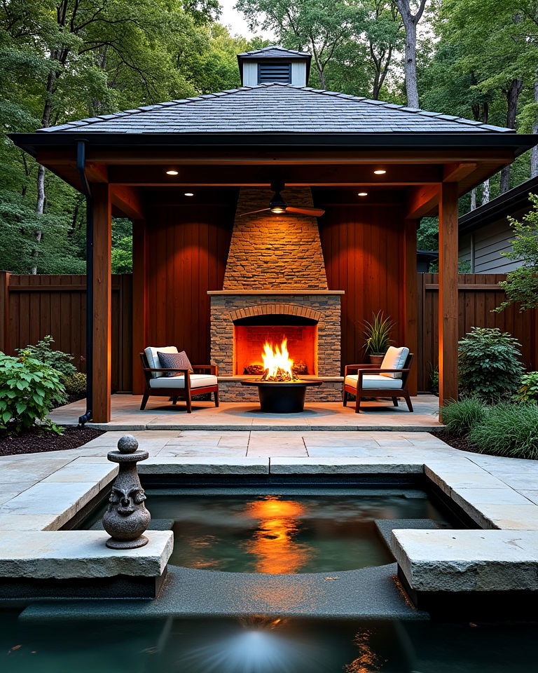 backyard pavilion with fireplace and water feature