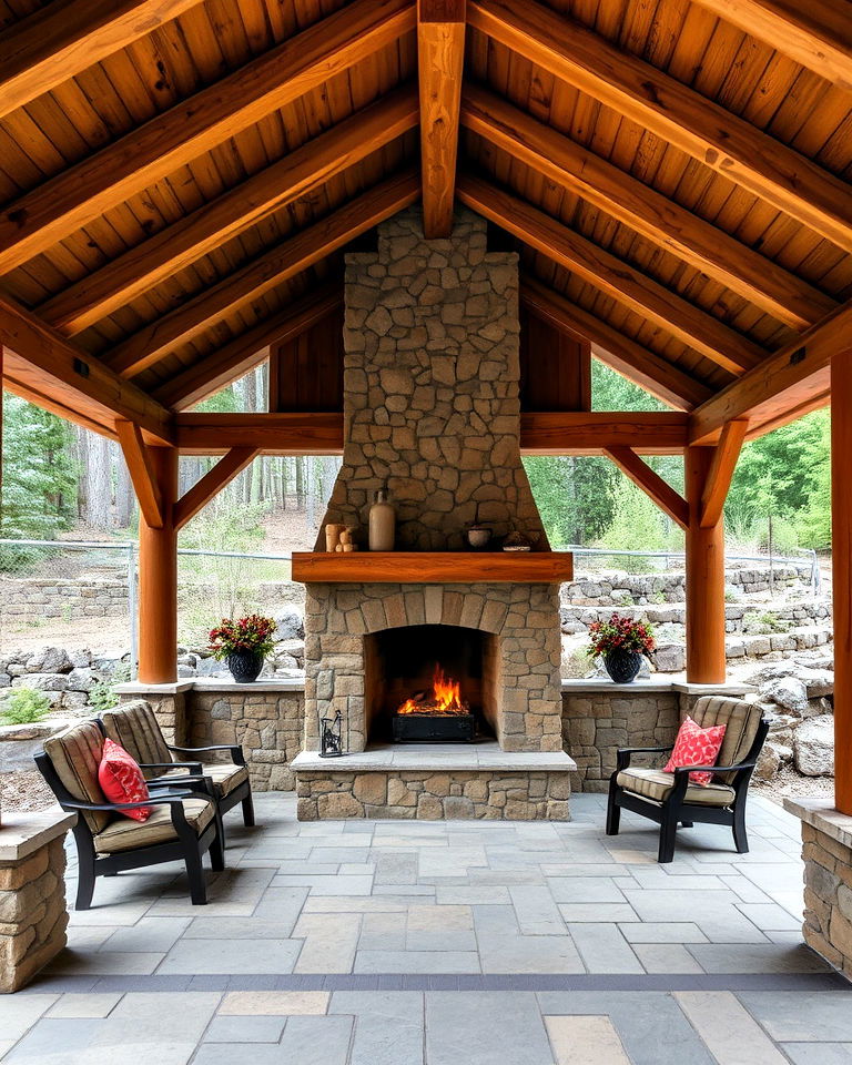 backyard wooden pavilion with stone fireplace