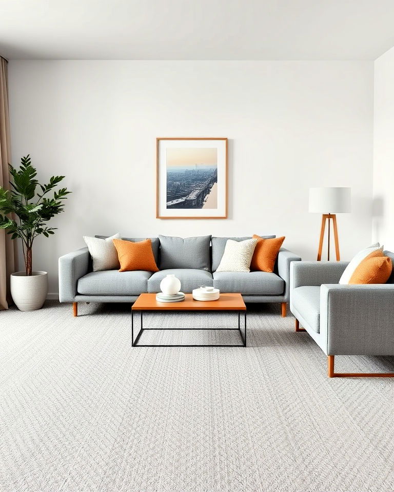 balance a minimalist living room with grey carpet