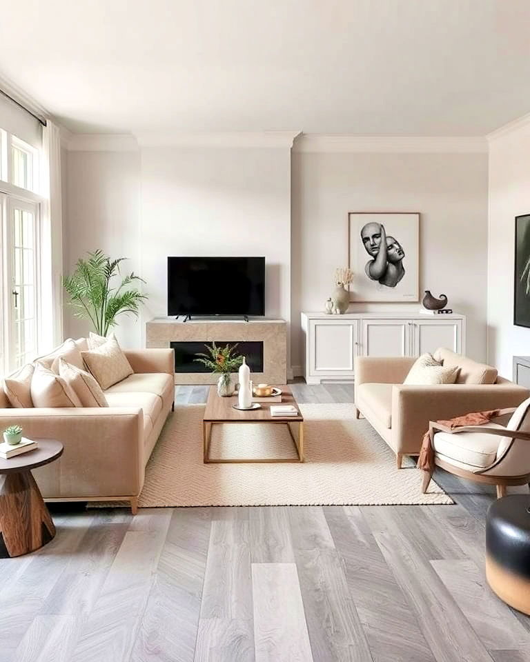 balance grey living room floors with neutral tones