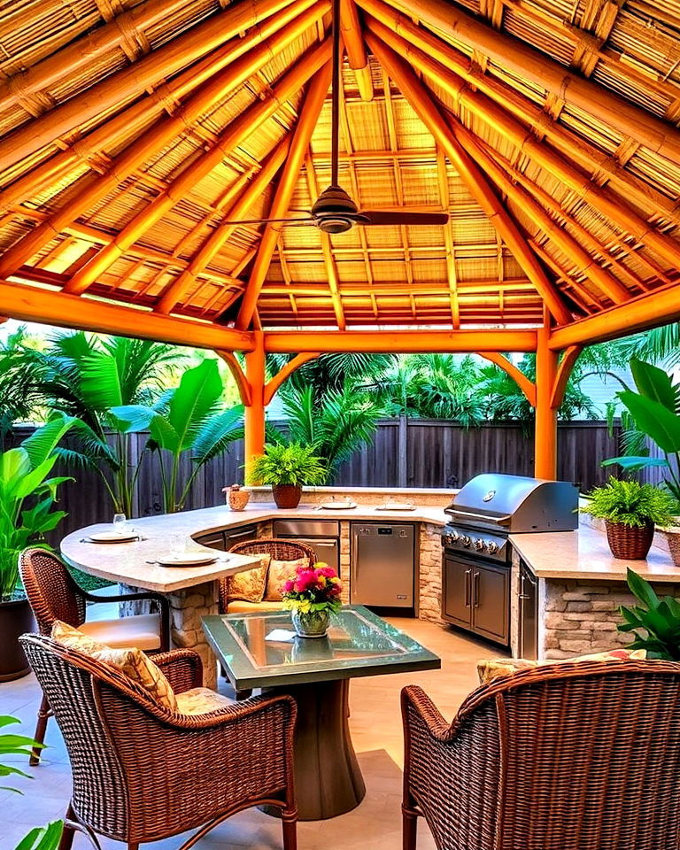 bamboo gazebo with tropical themed outdoor kitchen
