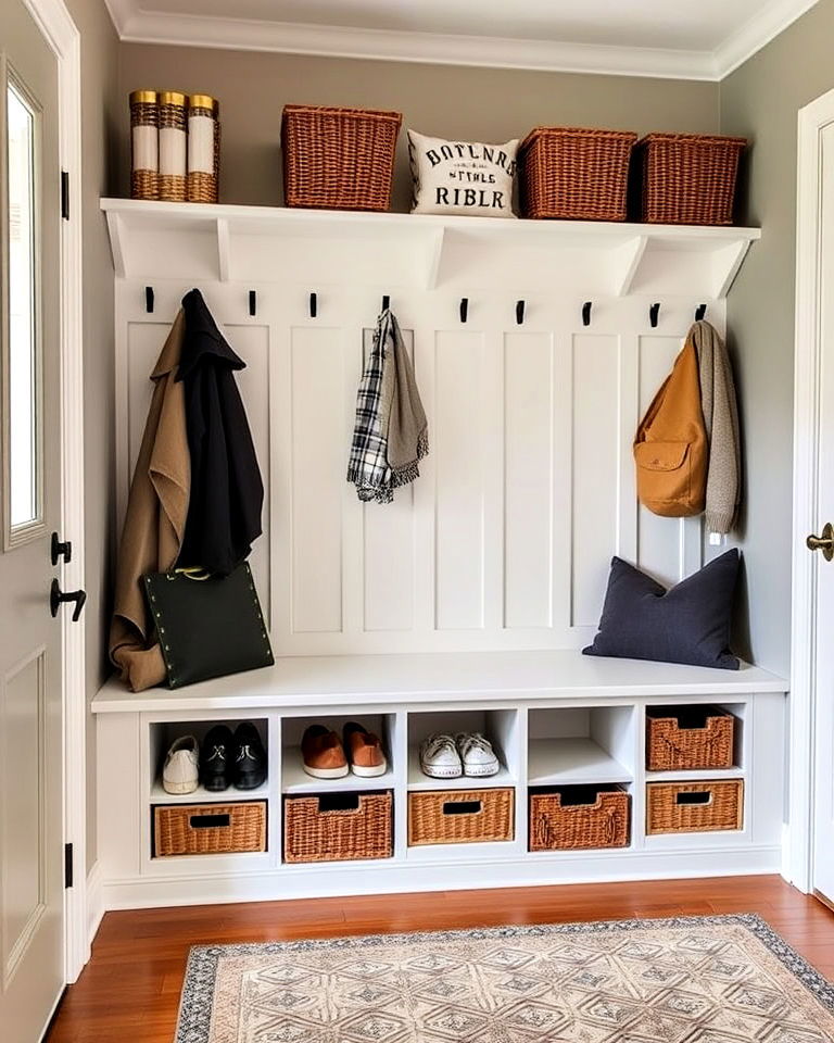 banquette in a mudroom and storage solution