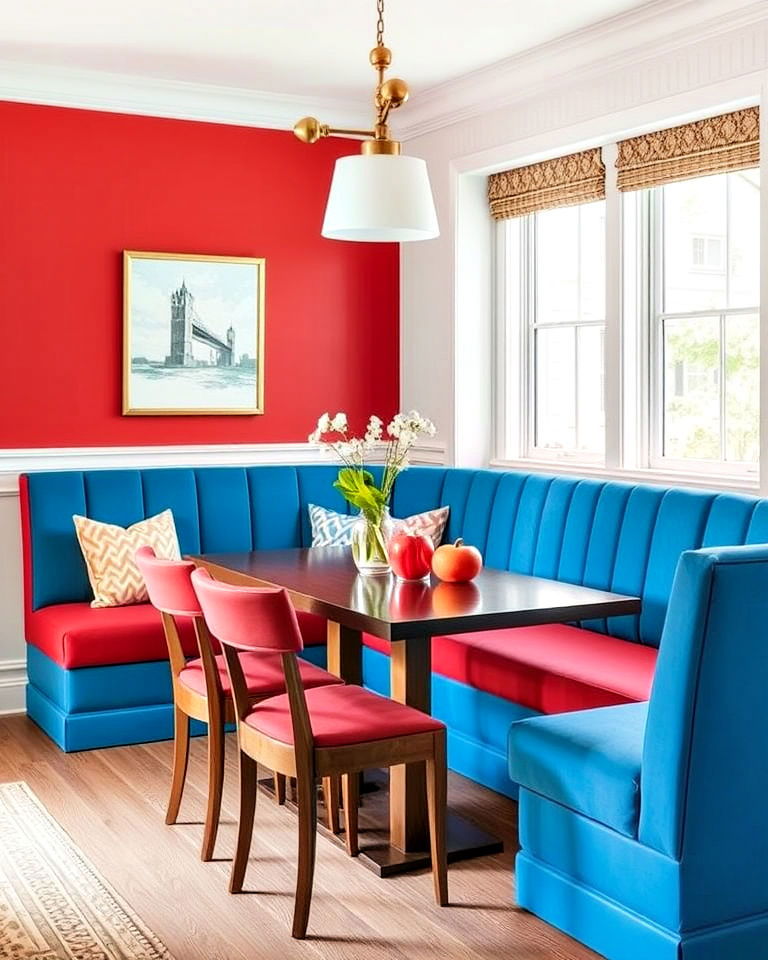 banquette seating with a bold pop of color