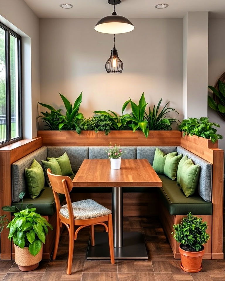 banquette with built in planters along the back