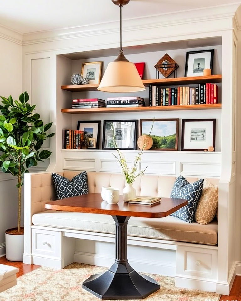 banquette with built in shelving