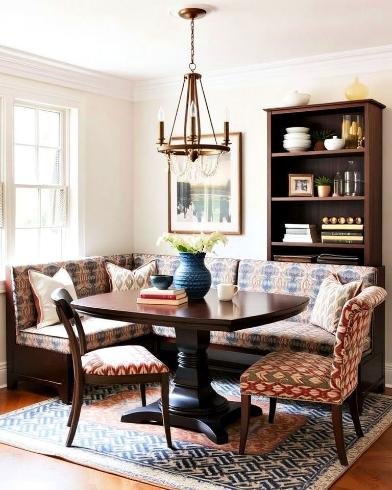 banquette with patterned upholstery