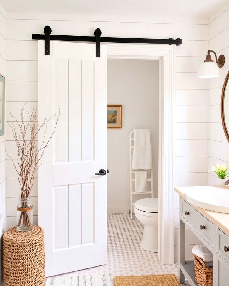 barn door with shiplap panels for bathroom