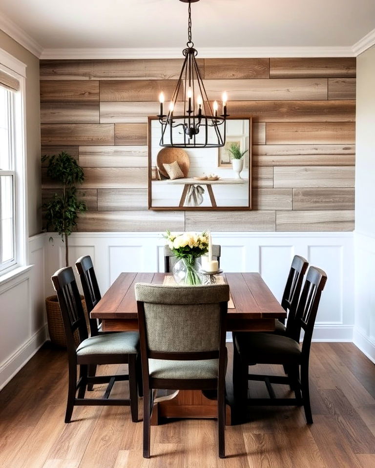 barn wood wainscoting for industrial style dining rooms