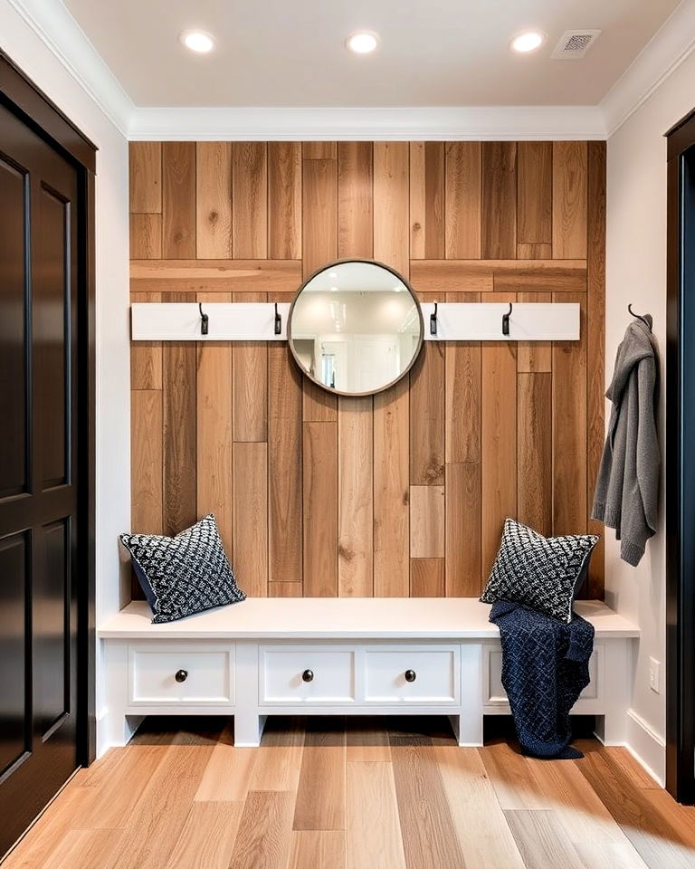 barnwood accent wall with built in seating