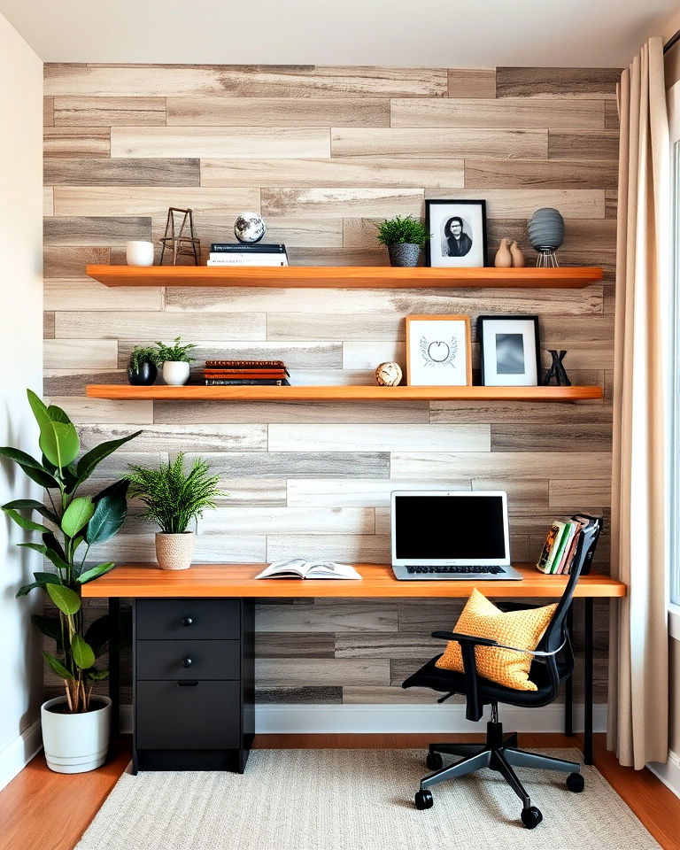 barnwood accent wall with floating shelves