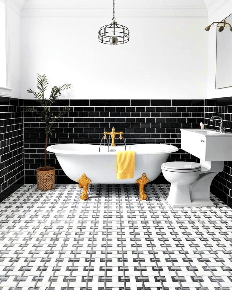 basketweave pattern using black and white tiles floor