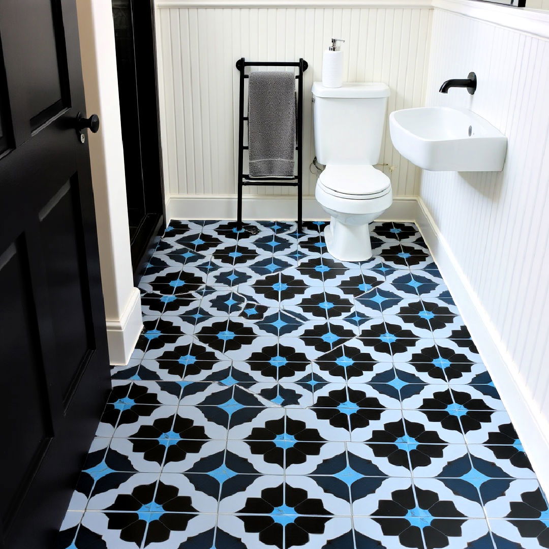 bathroom black and blue geometric floor tiles