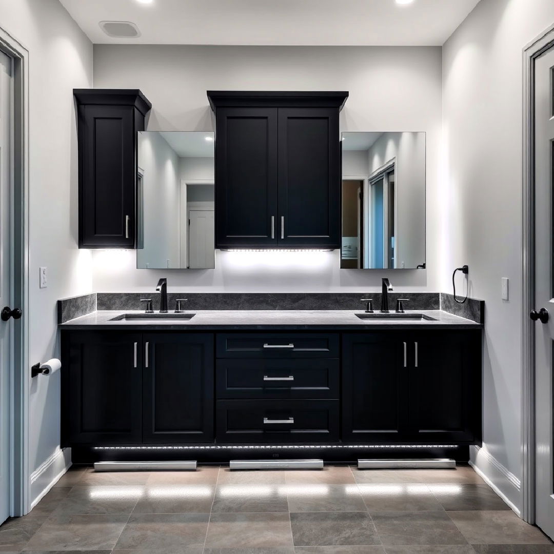 bathroom black cabinets with accent lighting