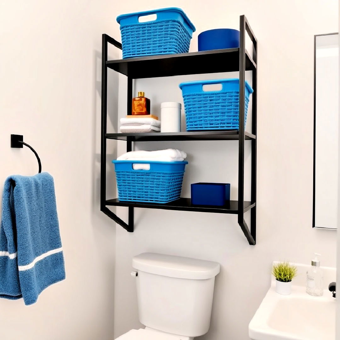 bathroom black shelving with blue baskets