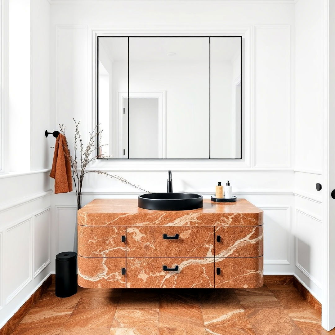 bathroom brown marble vanity with black sink