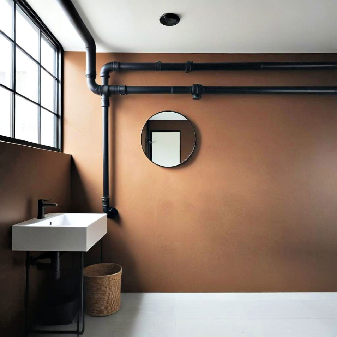 bathroom brown walls and exposed black piping