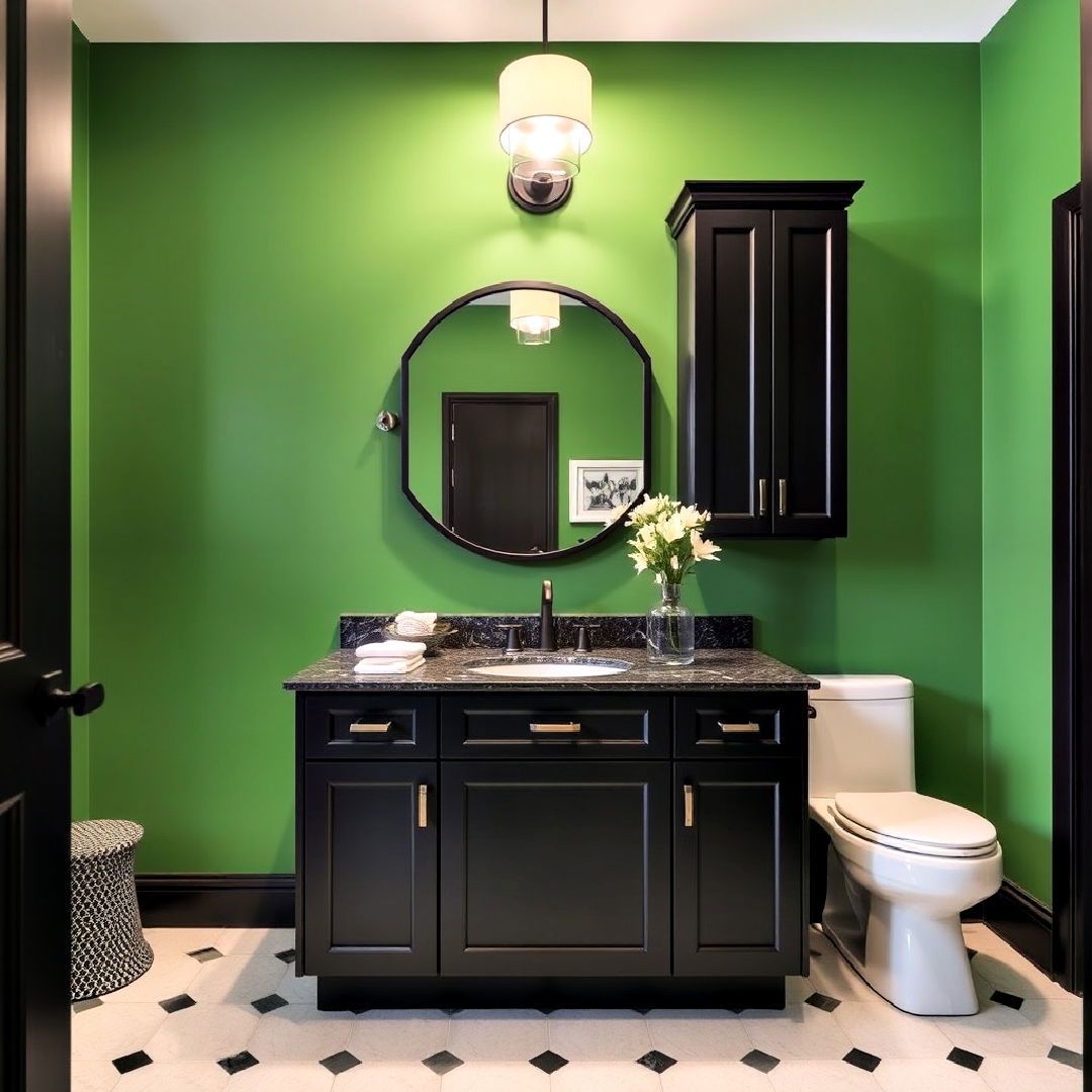 bathroom cabinets with bold green walls