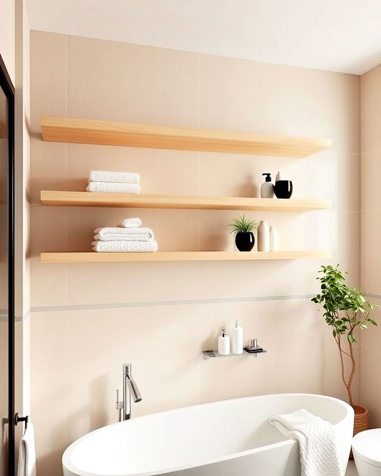 bathroom floating shelves for airy storage