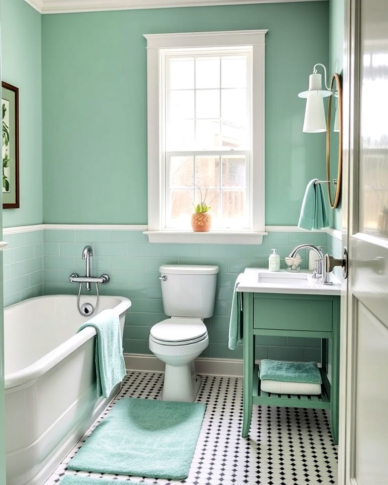 bathroom with mint green towels and bath mat